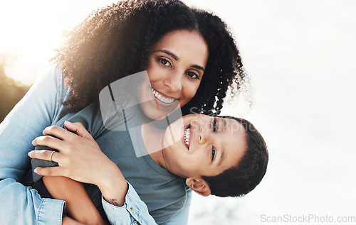 Image of Happy family hug, portrait and child and mom bonding, playing and enjoy quality time together in nature park. Vacation face, love smile and outdoor people on relax holiday in Rio de Janeiro Brazil