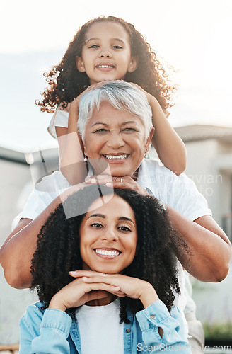 Image of Portrait of happy family child, mother and grandmother bonding, smile and enjoy quality summer time together. Love, outdoor sunshine and generation face of people on vacation in Rio de Janeiro Brazil