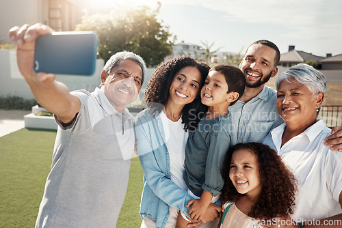 Image of Love, smile and selfie of happy big family bonding, relax or enjoy quality time together in Rio de Janeiro Brazil. Holiday vacation, backyard photo or youth children, parents and grandparents reunion