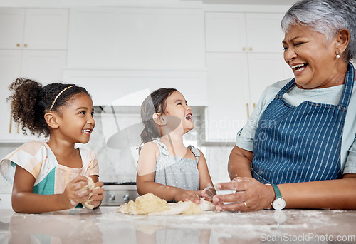 Image of Cooking dough, learning and grandmother with kids in kitchen baking dessert or pastry. Education, family care and grandma teaching sisters or children how to bake, bonding and laughing at comic joke.