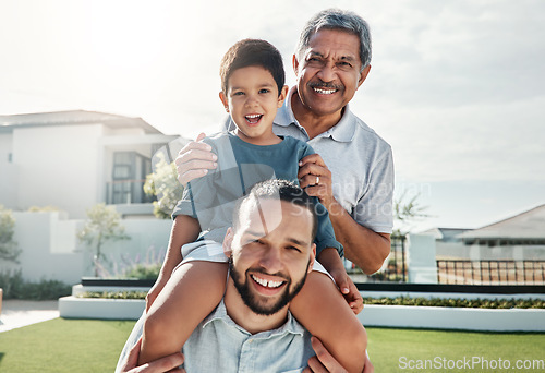 Image of Portrait of happy family child, father and grandfather bonding, smile or enjoy quality time together in front yard. House lawn, vacation love and outdoor people on holiday in Rio de Janeiro Brazil