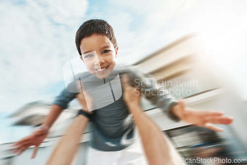 Image of Family, speed and portrait of boy in air enjoying playing outdoors on holiday, vacation and weekend. Motion blur, childhood and happy face of boy in parents arms for bonding, quality time and relax