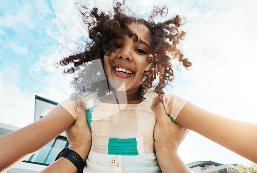 Image of Portrait, children and pov with a black girl in the hands of her father outdoor in the garden of their home together. Love, fun or kids and a female child playing with a parent in the backyard