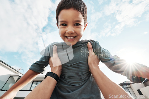 Image of Family, fun and portrait of boy in air enjoying playing outdoors on holiday, vacation and weekend at home. Love, childhood and happy face of boy in parents arms for bonding, quality time and relax