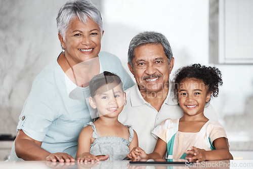 Image of Portrait, family or children with senior grandparents and girl grandchildren bonding in a house together during a visit. Kids, love or smile and happy sister siblings at home with granny and grandpa