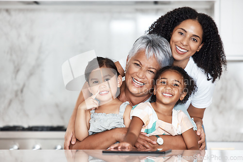 Image of Love, smile and portrait of happy family in home, bonding and laughing at funny joke. Comic, generations and grandmother, mother and girls, kids or children, smiling or enjoying quality time together