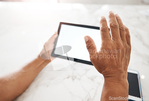 Image of Tablet, mockup screen and hands of man wave for video call, social media and connection at home. Technology, networking and senior male with digital tech space for marketing, advertising and branding