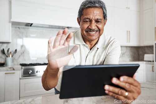 Image of Man, tablet and wave on video call in home for virtual communication, connection and social network. Happy mature guy with digital technology, hello and voip online with smile, happiness and web app