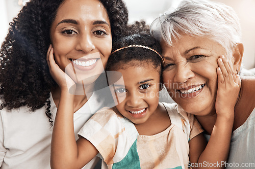 Image of Family, generations and face with love in portrait and care at home, mother and grandmother with child together and smile. Happiness, relationship and bonding with women and girl in closeup