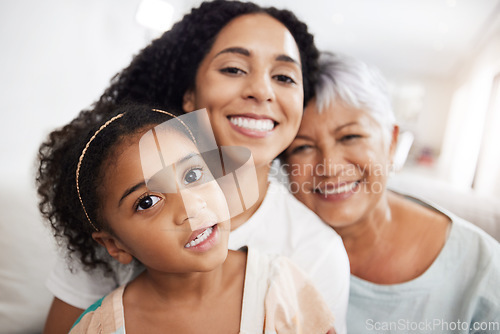 Image of Family, generations with love in portrait and care at home, mother and grandmother with child together and smile. Happiness, relationship and wellness with women and girl spend quality time together