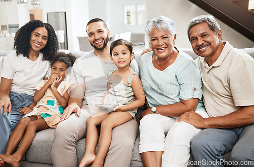 Image of Big family, portrait smile and living room sofa relaxing together for fun holiday break or weekend at home. Happy grandparents, parents and children smiling in happiness for bonding time on couch