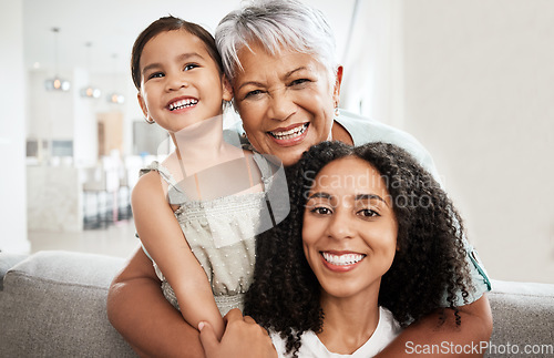 Image of Family, generations and hug with love in portrait and care at home, mother and grandmother with child smile and bond. Happiness, relationship and solidarity, women and girl with quality time together