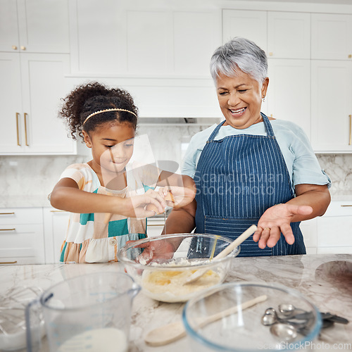 Image of Learning, cooking grandmother and girl with egg and flour in bowl in home kitchen. Education, family care and happy grandma teaching child how to bake, bonding and enjoying baking time together.