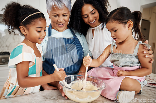 Image of Learning, big family and cooking kids in kitchen mixing baking dough in bowl in home. Education, care and mother and grandma teaching children how to bake, bonding and enjoying quality time together.