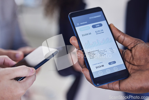 Image of Screen, phone and hands for stock market, trading and cryptocurrency mobile app, fintech or digital finance. Smartphone, technology or financial platform for networking, e commerce or NFT stocks data