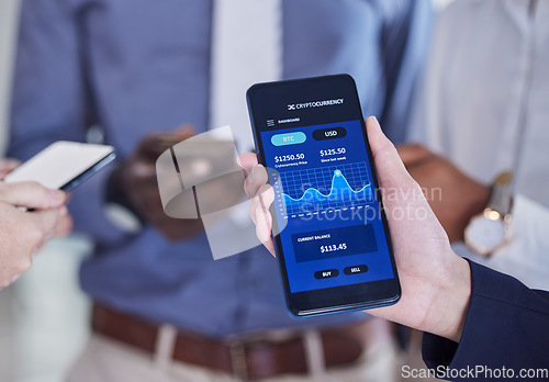 Image of Stats, finance and hands with data on a phone, cryptocurrency growth and fintech analytics. Investment, nft trading and businessman showing mobile app for financial investing and stock market wealth