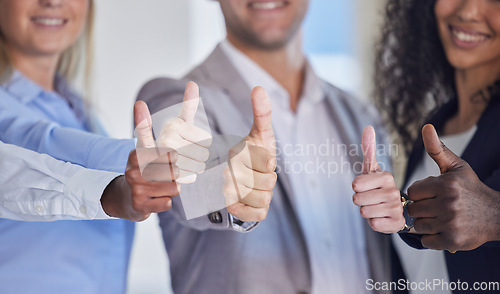 Image of Thumbs up, hands and business people agreement with diversity, yes and success with motivation and collaboration. Achievement, hand sign and emoji with employee group, like and solidarity with team