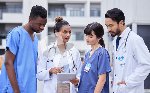 Image of Doctors, research or teamwork on tablet outdoor for collaboration, networking or medicine search. Medicine, medical or group of nurse on 5g tech app for innovation, data analysis or strategy planning