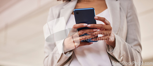 Image of Woman, hands and phone in networking for communication, social media or texting for conversation. Hand of female person on mobile smartphone chatting, browsing or searching in 5G connection on mockup