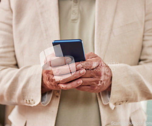 Image of Businessman, hands and phone in networking for communication, social media or texting for conversation. Hand of male on mobile smartphone chatting, browsing or searching in research or discussion