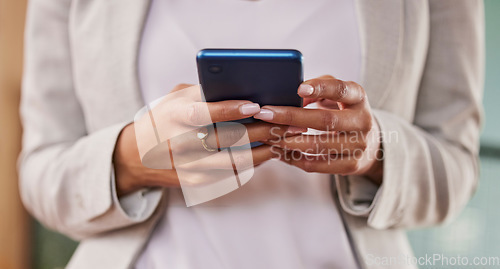 Image of Woman, hands and phone in networking for social media, communication or texting for conversation. Hand of female person on mobile smartphone chatting, browsing or searching in research or discussion