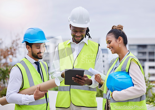 Image of Digital tablet, construction site and team of engineer at building creative, planning or strategy. People, collaboration or architect group online on thinking, problem solving or engineering on space
