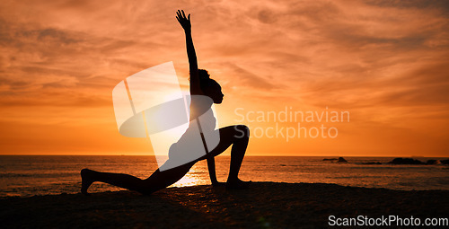 Image of Pilates, yoga and silhouette of woman on beach at sunrise for exercise, training and fitness workout. Motivation, meditation and shadow of girl balance by ocean for sports, wellness and stretching