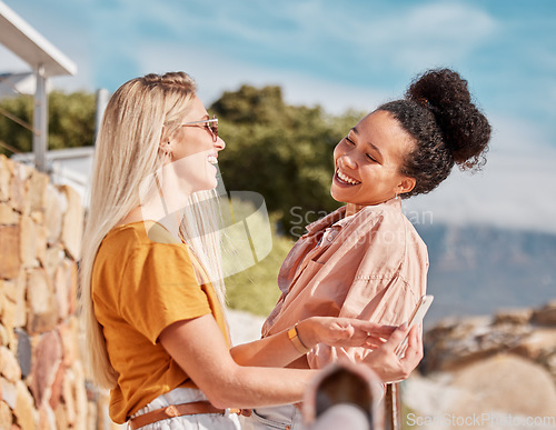 Image of Diversity, happy or friends laughing to relax while speaking or talking about funny jokes on summer holiday vacation. Florida, smile or women enjoy traveling or bonding on girls trips with freedom