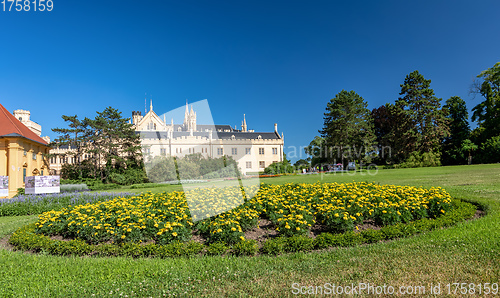 Image of Lednice Chateau with beautiful gardens and parks on sunny summer day