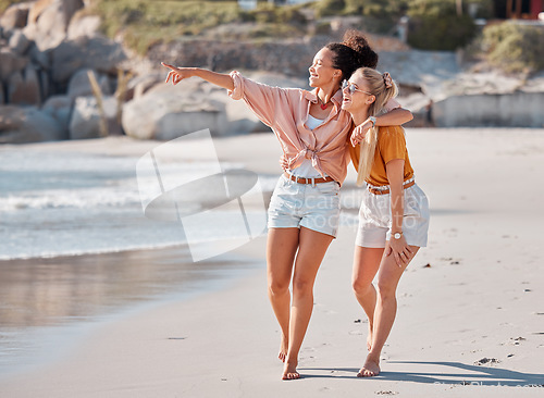 Image of Couple hug on beach, lesbian and happy with ocean, gay women outdoor with adventure and freedom to love. Interracial relationship, sea view and holiday in Australia, lgbtq with travel and walking