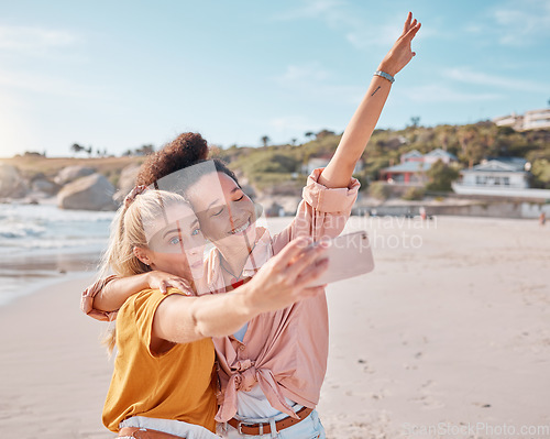 Image of Selfie, beach and friends on summer, vacation or holiday, happy and smile while bonding on mockup background. Travel, freedom and women hug for photo, profile picture or social media post in Miami