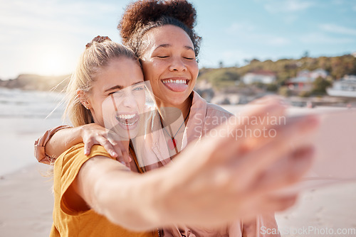 Image of Selfie, beach and friends with tongue out face on summer, trip or holiday, fun and silly on mockup background. Emoji, faces and women pose for photo, profile picture or social media post in Miami