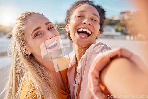 Image of Women, beach and selfie portrait on summer, vacation or holiday with funny, crazy and happy smile. Travel, face and freedom by friends hug for photo, profile picture or social media post in Miami