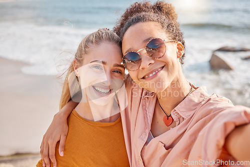 Image of Selfie, beach and portrait of women on summer, vacation or trip, happy and smile on mockup background. Travel, face and freedom by friends hug for photo, profile picture or social media post in Miami