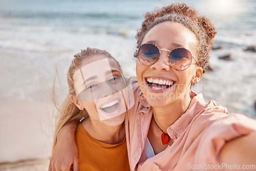 Image of Beach, selfie and portrait of women on summer, vacation or trip, happy and smile on mockup background. Travel, face and freedom by friends hug for photo, profile picture or social media post in Miami