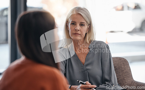 Image of Listening, analysis and psychologist with a woman for therapy, consultation and anxiety support. Psychology, helping and therapist talking to a patient about depression during counseling meeting