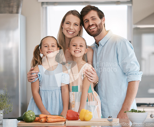 Image of Portrait of parents and children cooking with vegetables in kitchen for lunch, dinner or meal prep ingredients. Family, food and smile of mom, dad and girls learning, teaching and helping at home