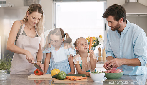 Image of Parents, food and children cooking in kitchen with vegetables for nutrition, vegan lifestyle and healthy eating. Food, family and mom, dad and girls learning and help for meal prep, dinner or lunch