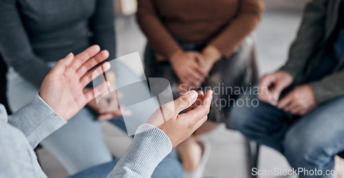 Image of Support with group, therapy and mental health with hands and help, people together talking about problem and crisis. Psychology, healthcare and trust, respect and community in counseling for trauma