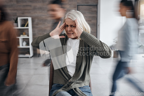 Image of Anxiety, bipolar and woman with mental health problem, focus and psychology crisis in busy office. Stress, depression and burnout or dementia of senior person with fast people, speed or walking crowd