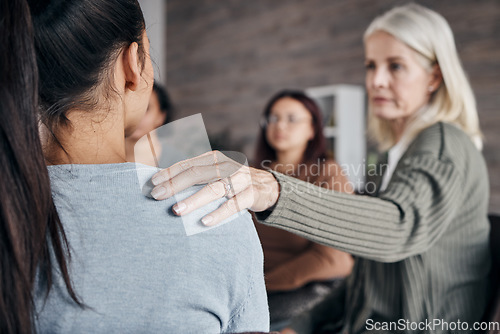 Image of Woman, therapist and community support group for understanding addiction, mental health or counseling. Female counselor or shrink helping people in healthcare, therapy session or meeting for advice