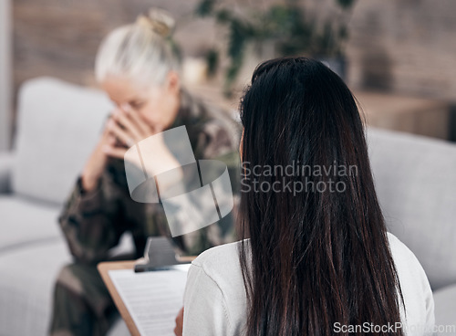 Image of Soldier woman, psychologist and crying on sofa for therapy, ptsd and help for mental health problem from Ukraine war. Military professional, sad depression and talking on couch after combat