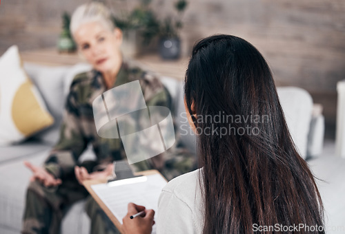 Image of Soldier, psychologist and conversation on sofa for mental health problem, ptsd and trauma from ukraine war. Military woman, psychiatrist and talking about anxiety, stress and depression from combat