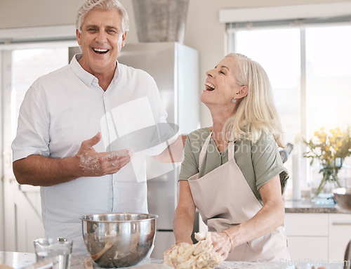 Image of Old couple baking together, happy with baker skill and spending quality time in retirement, marriage and laughter. Funny with elderly people in kitchen, trust and bonding with cooking and happiness
