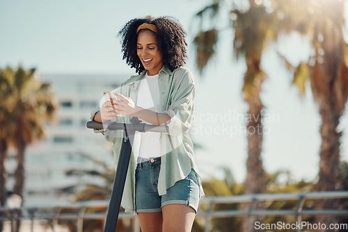 Image of Technology, scooter and black woman with phone in city for social media, texting or web scrolling. Travel, communication and female with electric moped and 5g smartphone laughing at meme in street.