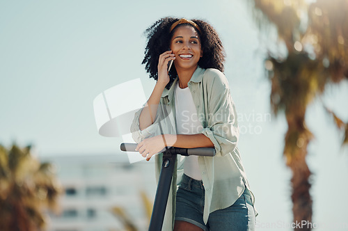 Image of Phone call, scooter and black woman in city talking, chatting or speaking outdoors. Travel, communication and happy female with electric moped and 5g mobile for conversation and networking in street.