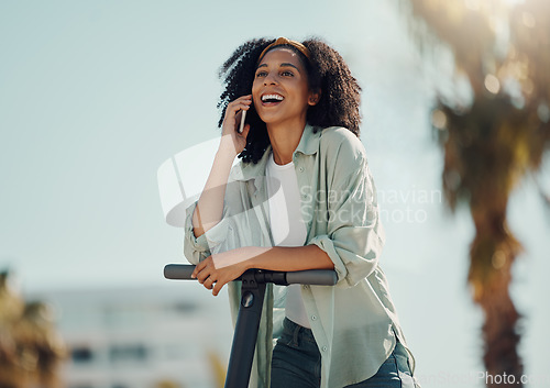 Image of Phone call, city scooter and black woman talking, chatting or speaking outdoors on street. Travel, communication and happy female with electric moped and 5g mobile laughing at comic conversation.
