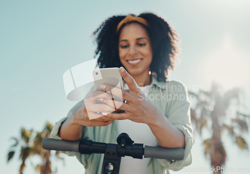 Image of Phone, scooter and black woman with technology in city for social media, texting or internet browsing. Travel, communication and hands of female with electric moped and 5g smartphone for networking.