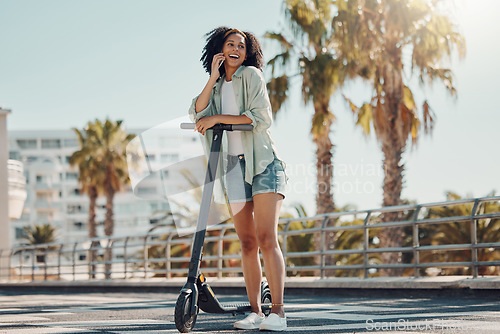 Image of Scooter, phone call and black woman in city talking, chatting or speaking outdoors. Travel, communication and happy female with electric moped and 5g mobile laughing at funny conversation in street.