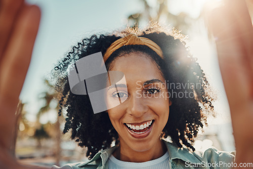 Image of Face portrait, selfie and happy black woman taking pictures to remember memory, social media or profile picture. Smile, beauty and female from South Africa taking photo outdoors in nature or park.